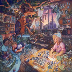 Obraz je přeplněný detaily. Při pohledu z blízka se ale otevřou netušené detaily, vtípky i hry.